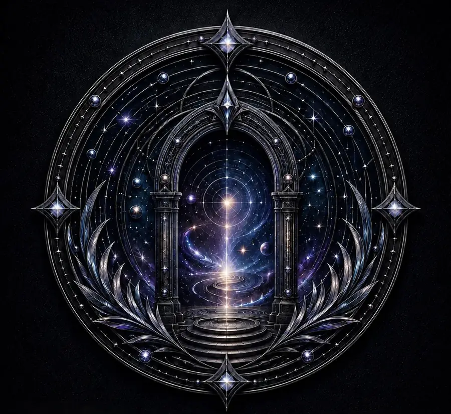 The BROUCHEION emblem: a silver ring set with stars, enclosing a stone archway that opens onto a violet starfield, a beam of light rising from a spiral of steps, framed by silver leaves.